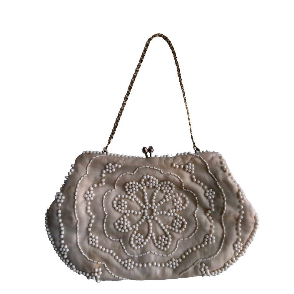 Vintage La Regale Clutch Bag White Seed Bead Kisslock Chain Handle Made in Japan